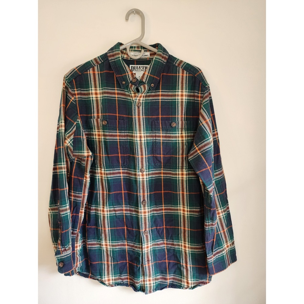 Duluth Trading Co Free Swingin Flannel Shirt Mens M Green Blue Orange Plaid